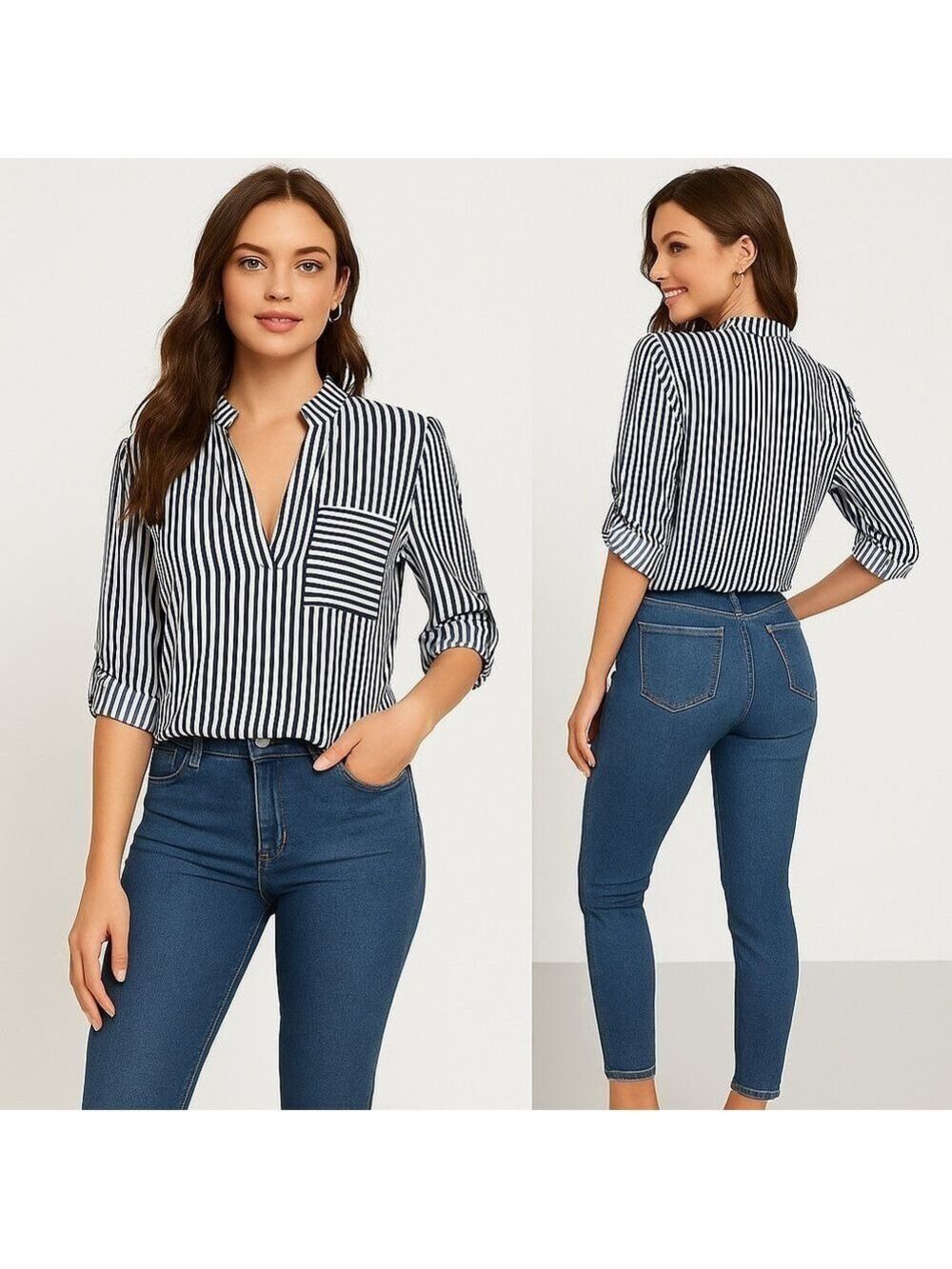 SHEIN👚 Striped Blouse Duo/Set — Navy🤍 & Rust🖤 — Size M Workwear Tops✨ - Picture 2 of 13